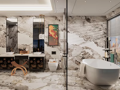 Luxurious Marble Bathroom Interior With Double Sinks Free-standing Bathtub And Shower Area 3d model