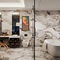Luxurious Marble Bathroom Interior With Double Sinks Free-standing Bathtub And Shower Area
