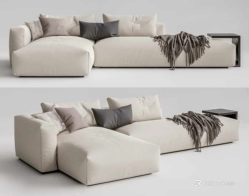 Modern Minimalist Cream Colored Sectional Sofa With Plush Throw Pillows And Knitted Throw Blanket 3d model 