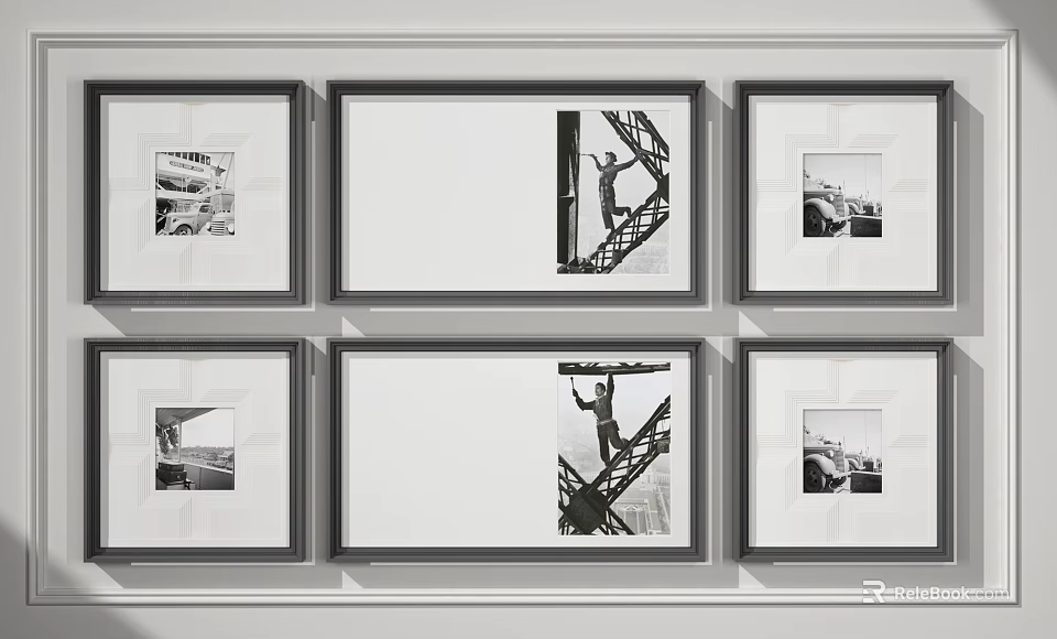 Black And White Framed Photos Wall Display With Artistic Arrangement 3d model 