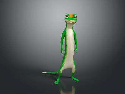 Green and white lizard standing on reflective surface against gray gradient background 3d model