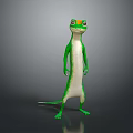Green and white lizard standing on reflective surface against gray gradient background 3d model