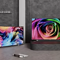 Two Modern TVs on Stands Displaying Colorful Swirl and Rose Patterns with POLIFORM Background