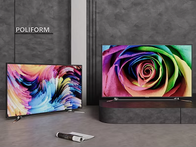 Two Modern TVs on Stands Displaying Colorful Swirl and Rose Patterns with POLIFORM Background 3d model