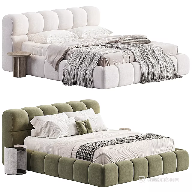 White And Green Double Beds With Tufted Headboards Pillows Blankets And Bedside Tables 3d model 