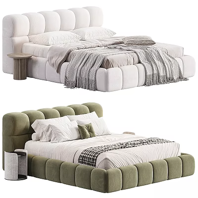 White And Green Double Beds With Tufted Headboards Pillows Blankets And Bedside Tables 3d model