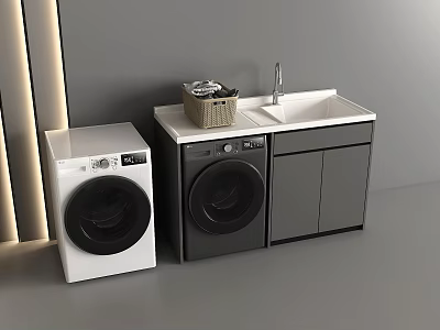 Modern Laundry Room With White And Black Washing Machines Sink Cabinet And Laundry Basket 3d model