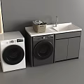 Modern Laundry Room With White And Black Washing Machines Sink Cabinet And Laundry Basket