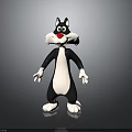 Cartoon Black and White Cat Character with Red Nose Big Eyes Standing Pose