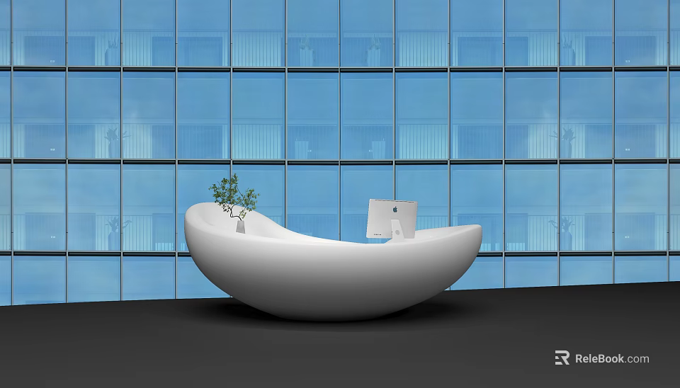 White Curved Reception Desk With Blue Glass Curtain Wall Small Potted Plant And Computer 3d model 