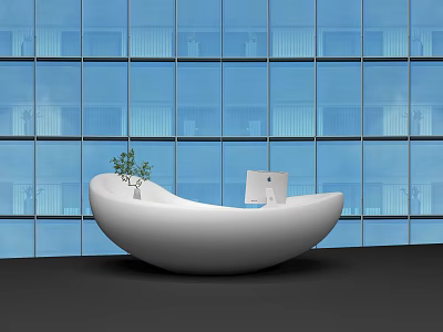 White Curved Reception Desk With Blue Glass Curtain Wall Small Potted Plant And Computer 3d model