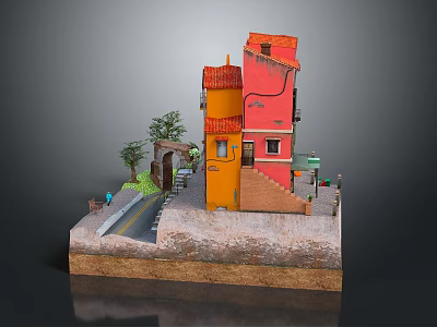 Colorful Red and Orange Buildings Model with Archway Stone Pathway and Trees 3d model