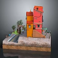 Colorful Red and Orange Buildings Model with Archway Stone Pathway and Trees