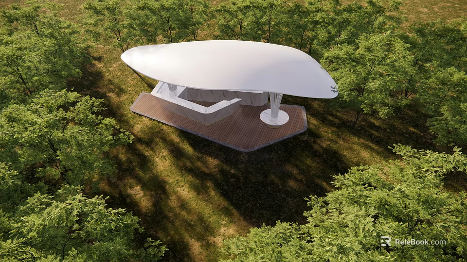 Modern Architectural Structure With White Curved Roof And Wooden Platform In Forest 3d model 
