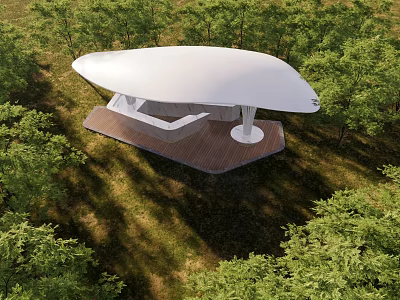 Modern Architectural Structure With White Curved Roof And Wooden Platform In Forest 3d model
