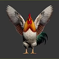 Vibrant Rooster With Red Comb Orange Throat White Body Green Red Tail Feathers Spread Wings