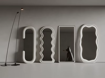 Four Different Shaped Mirrors on Gray Background With Floor Lamp and Black Animal Figurine 3d model