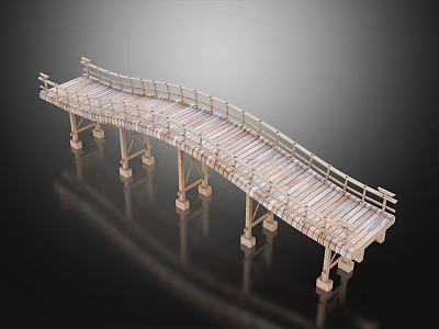 Detailed Arched Wooden Bridge With Railings Supporting Piers And Wooden Deck 3d model