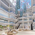 Spacious Multi Level Shopping Mall Atrium With Hanging Decorations People Activities And Comfortable Seating Area 3d model