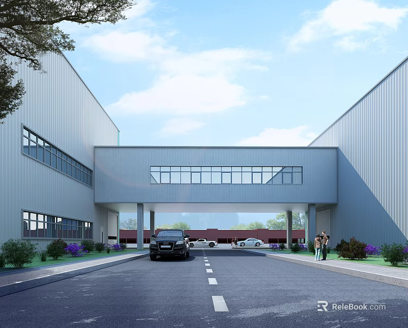 Modern Industrial Factory Complex With Connecting Passageway Vehicles Pedestrians Landscaping And Blue Sky 3d model 