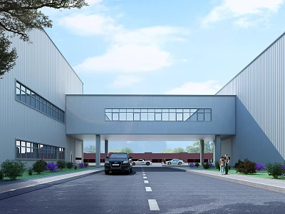 Modern Industrial Factory Complex With Connecting Passageway Vehicles Pedestrians Landscaping And Blue Sky 3d model