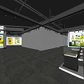 Exhibition Hall Interior with Spacious Layout Modern Chandelier and Yellow Artworks on Walls Display Platforms