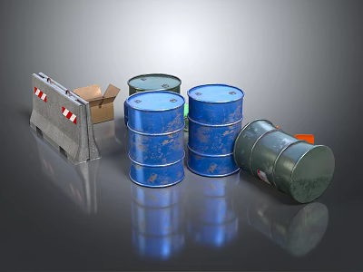 Blue And Green Industrial Barrels With Road Barrier And Cardboard Box 3d model