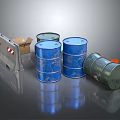 Blue And Green Industrial Barrels With Road Barrier And Cardboard Box