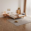 Natural Wooden Double Bed with Light Bedding Nightstands Table Lamp and Vase Flowers