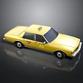Yellow Vintage Taxi Sedan With Roof Sign And Shiny Reflective Surface