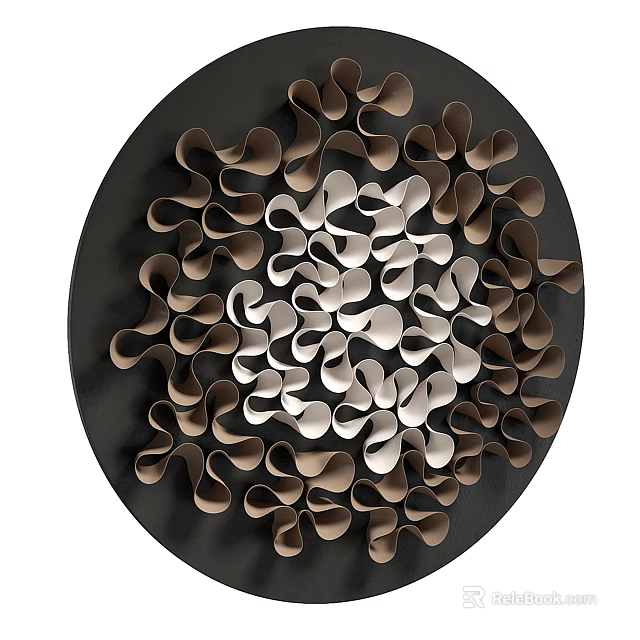 Circular Metal Wall Hanging With Brown Silver Curved Pieces And Spiral Pattern On Black Background 3d model 