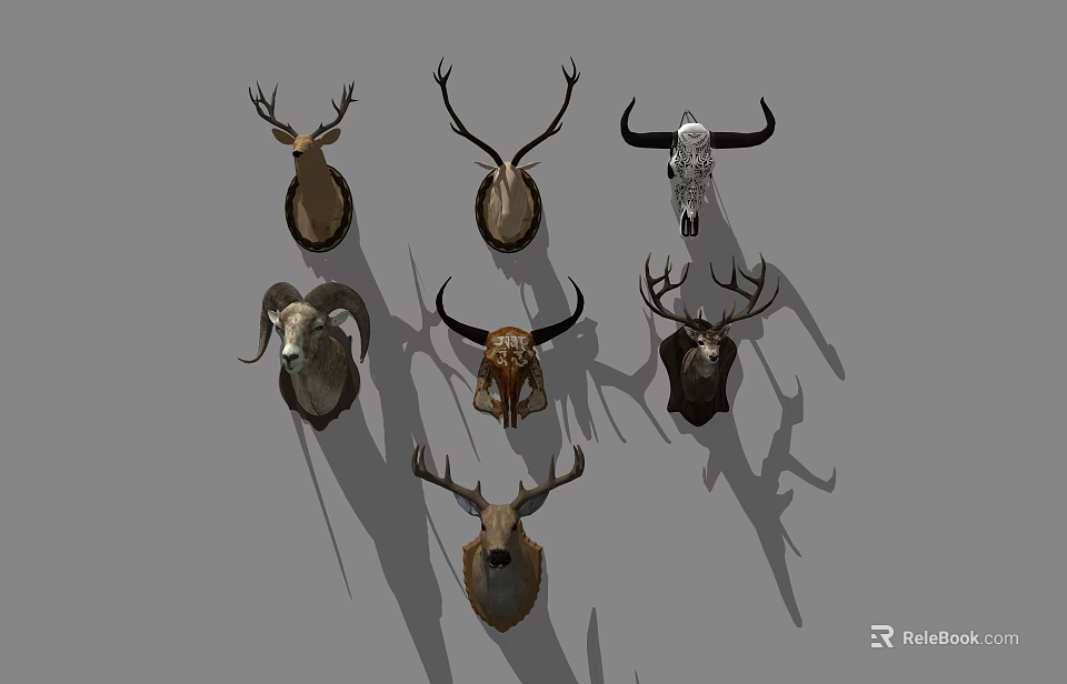 Animal Wall Decor With Decorative Deer Bull And Ram Head Mounts For Home 3d model 