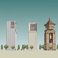 Different Style Towers with Clock Tower Glass Facade Screen Dome and Trees 3d model