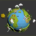 Low Poly 3D Earth Model With Green Land Blue Ocean Clouds Sun Flags And Trees 3d model