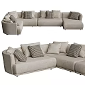Multi Person Sectional Sofa with Checkered Pattern Pillows Light Beige Fabric Upholstery 3d model
