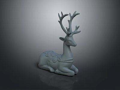 Gray Reclining Deer Sculpture With Ornate Antlers And Decorative Patterns 3d model