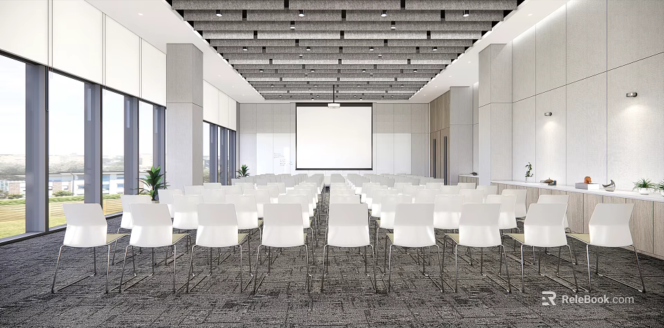 Modern Spacious Conference Room Interior With White Chairs Projector Screen And Large Windows 3d model 