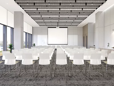 Modern Spacious Conference Room Interior With White Chairs Projector Screen And Large Windows 3d model