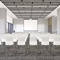 Modern Spacious Conference Room Interior With White Chairs Projector Screen And Large Windows