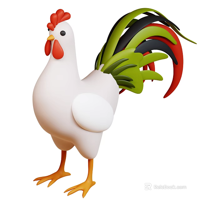 Cartoon Rooster With White Body Red Comb Wattles Green Red Tail And Yellow Legs 3d model 