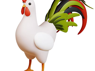 Cartoon Rooster With White Body Red Comb Wattles Green Red Tail And Yellow Legs 3d model