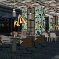 Modern Restaurant Interior With Round Tables Brown Chairs Large Windows And Patterned Walls 3d model