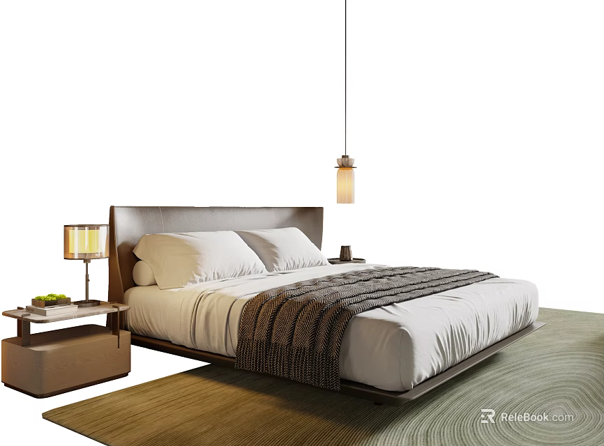 Cozy Double Bed With Dark Headboard White Bedding Nightstands Table Lamp And Brown Rug 3d model 