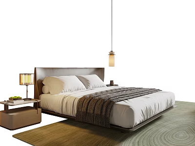 Cozy Double Bed With Dark Headboard White Bedding Nightstands Table Lamp And Brown Rug 3d model
