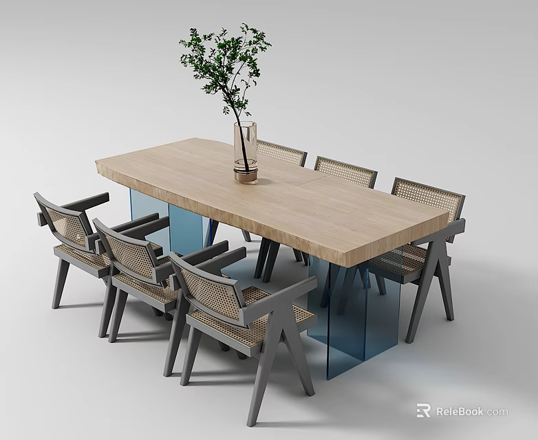 Light Wood Dining Table Set With Six Rattan Chairs And Green Plant Vase 3d model 