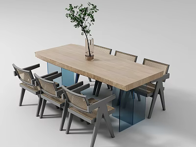 Light Wood Dining Table Set With Six Rattan Chairs And Green Plant Vase 3d model