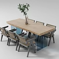 Light Wood Dining Table Set With Six Rattan Chairs And Green Plant Vase
