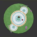 Round White Metal Dining Table With Two Chairs Blue Patterns On Green Grass Pink Flowers