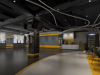 Modern Fitness Center Interior With Spacious Workout Area And Curved Ceiling Lights 3d model