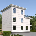Two Story White Single Family House With Black Balcony Brown Door And Green Trees
